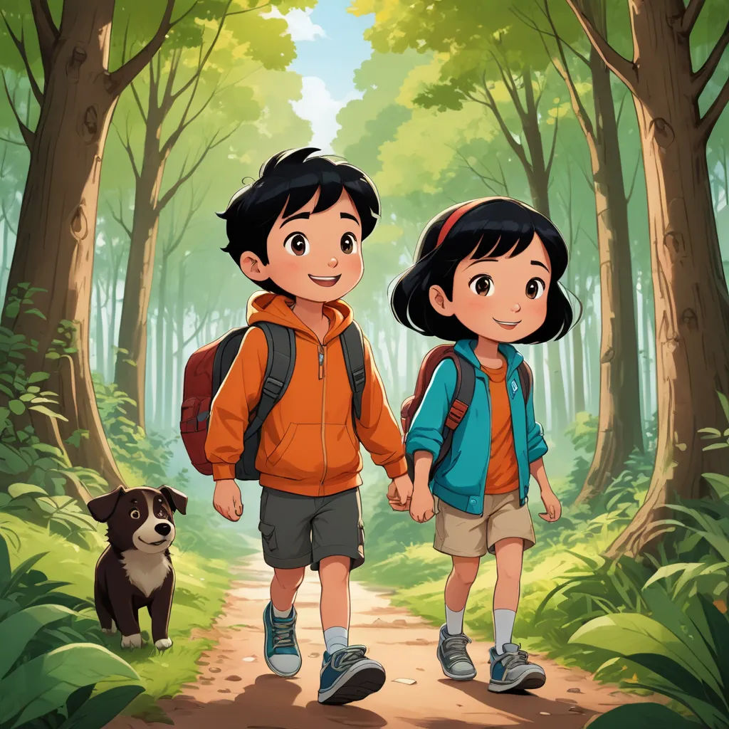 a boy and a girl are walking in the woods with a dog behind them and a dog behind them, serial art, a storybook illustration, Felix-Kelly, promotional image