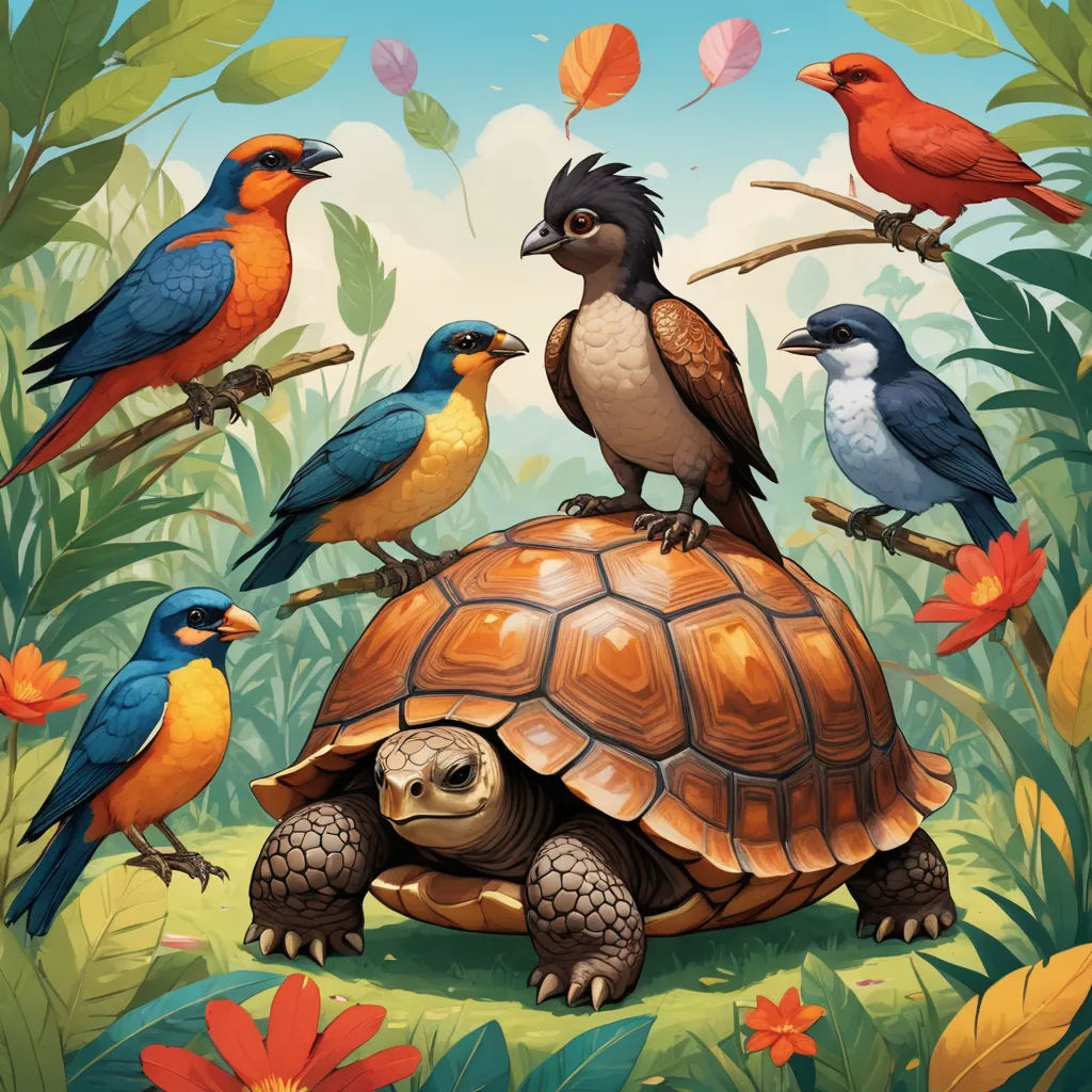 a turtle and many birds are sitting on a tree branch in the jungle with leaves and flowers around it, altermodern, a detailed painting, Chris LaBrooy, highly detailed digital painting