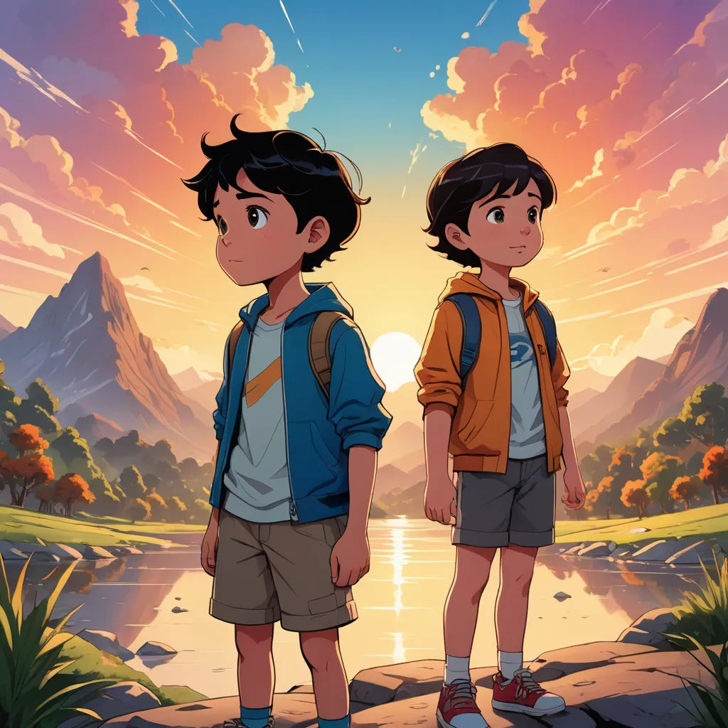 two young boys standing next to each other on a river bank with mountains in the background and a sunset, sots art, poster art, Brothers Hildebrandt, official art