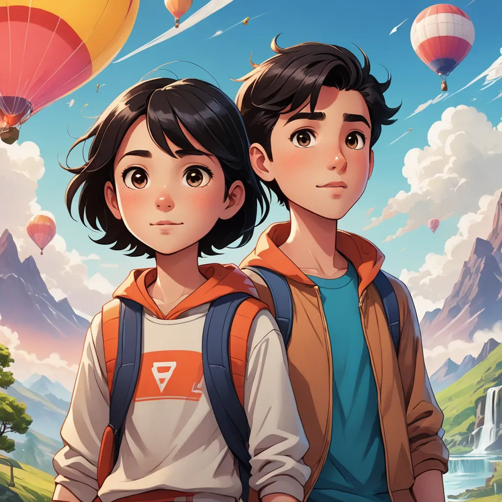 a couple of people standing next to each other in front of a mountain range with hot air balloons in the sky, serial art, poster art, Atey Ghailan, rossdraws global illumination