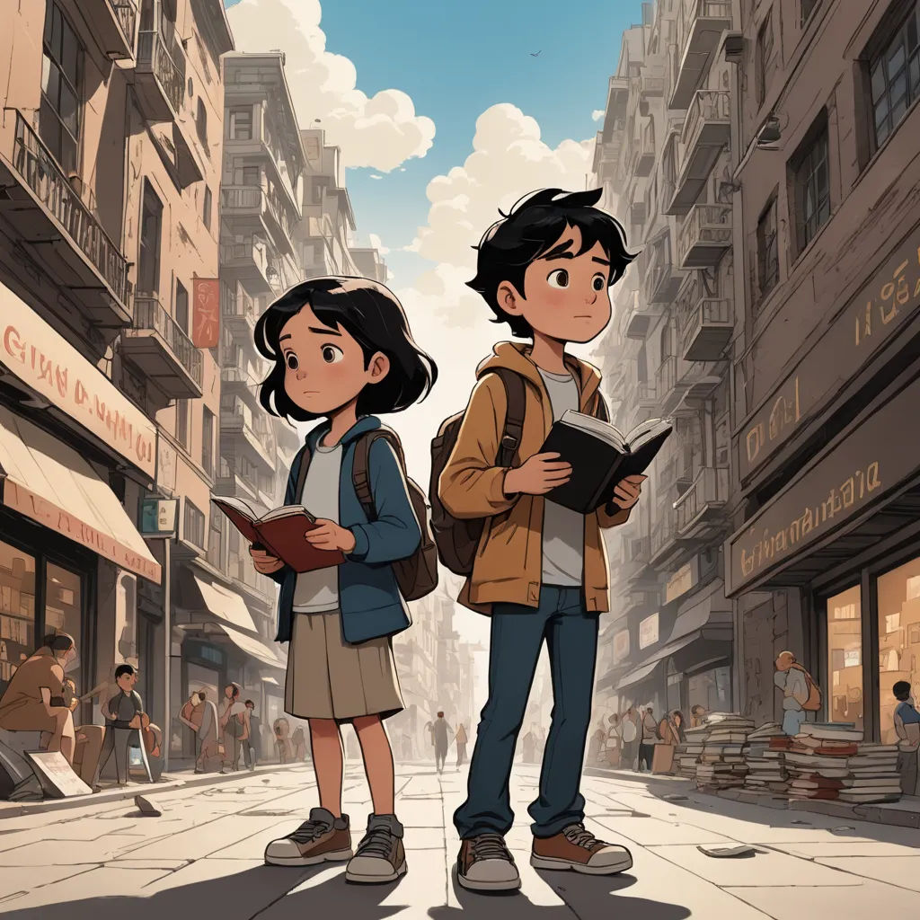 a couple of people standing on a street next to each other with a book in their hands and a city in the background, art & language, a comic book panel, Asaf Hanuka, official art