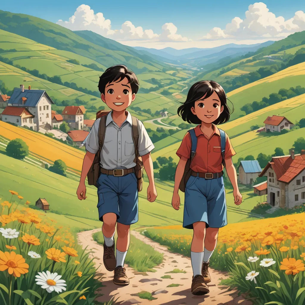 a boy and a girl walking down a dirt road in a rural area with a mountain view in the background, american scene painting, a storybook illustration, Brothers Hildebrandt, official art