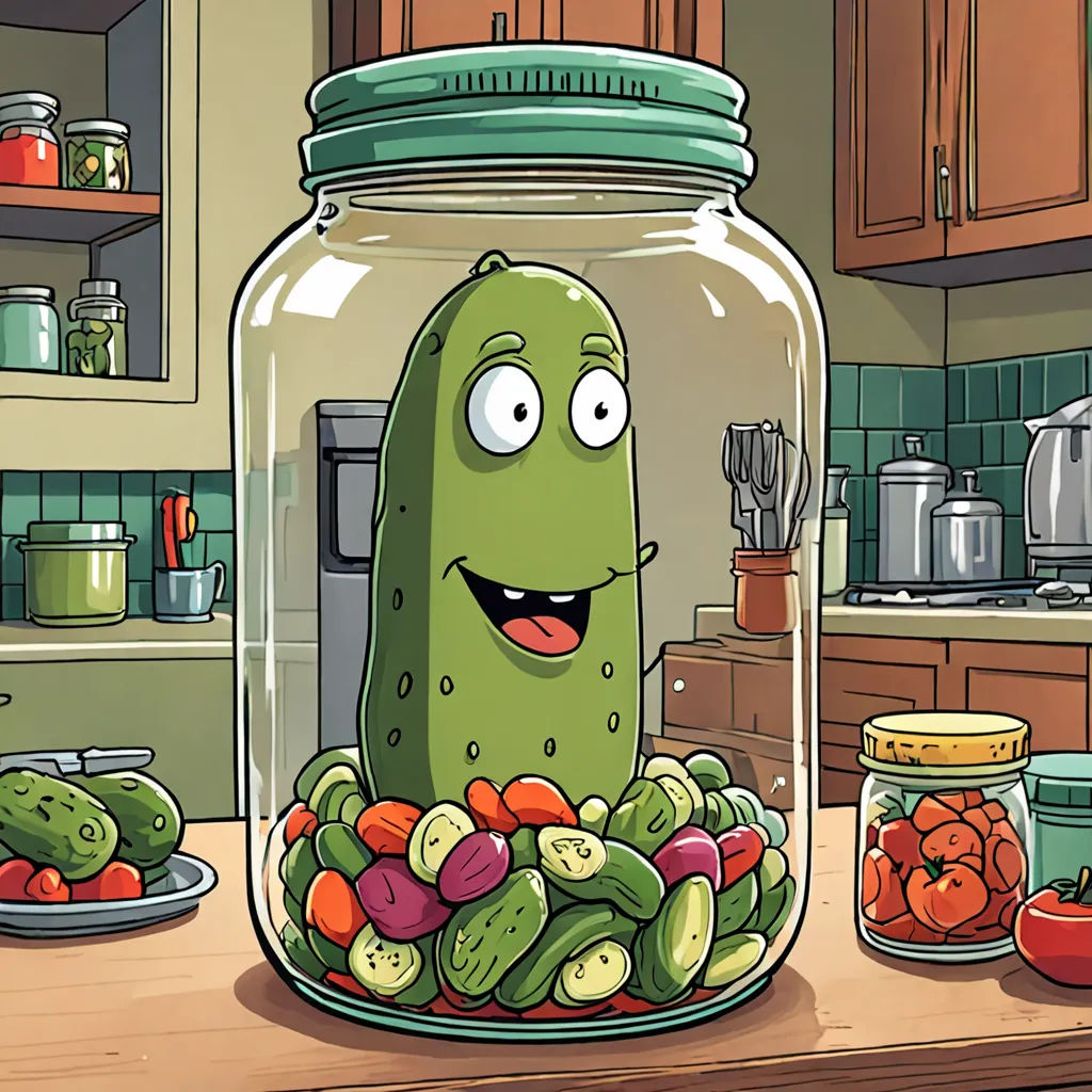 a pickle in a jar with a plate of vegetables in front of it and a bowl of fruit in the background, context art, computer graphics, Chris LaBrooy, promotional image
