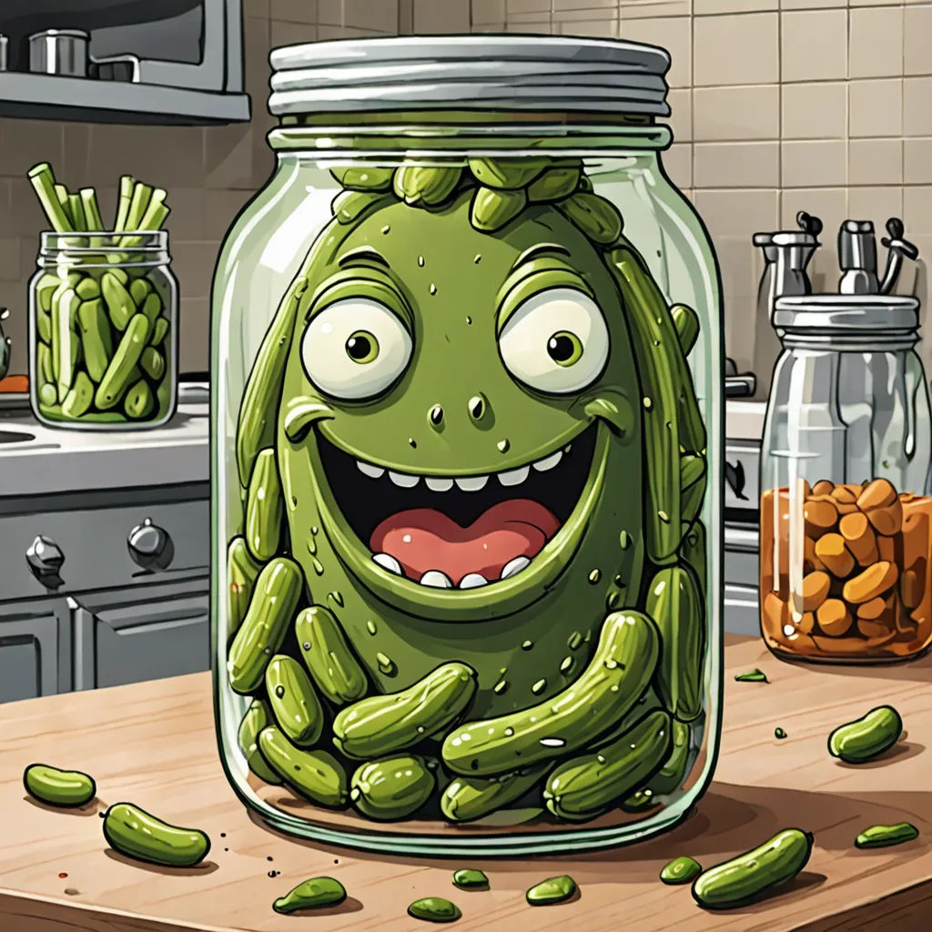 a jar of pickles with a smiling face on a kitchen counter top with a jar of pickles in the background, context art, a character portrait, Chris LaBrooy, promotional image