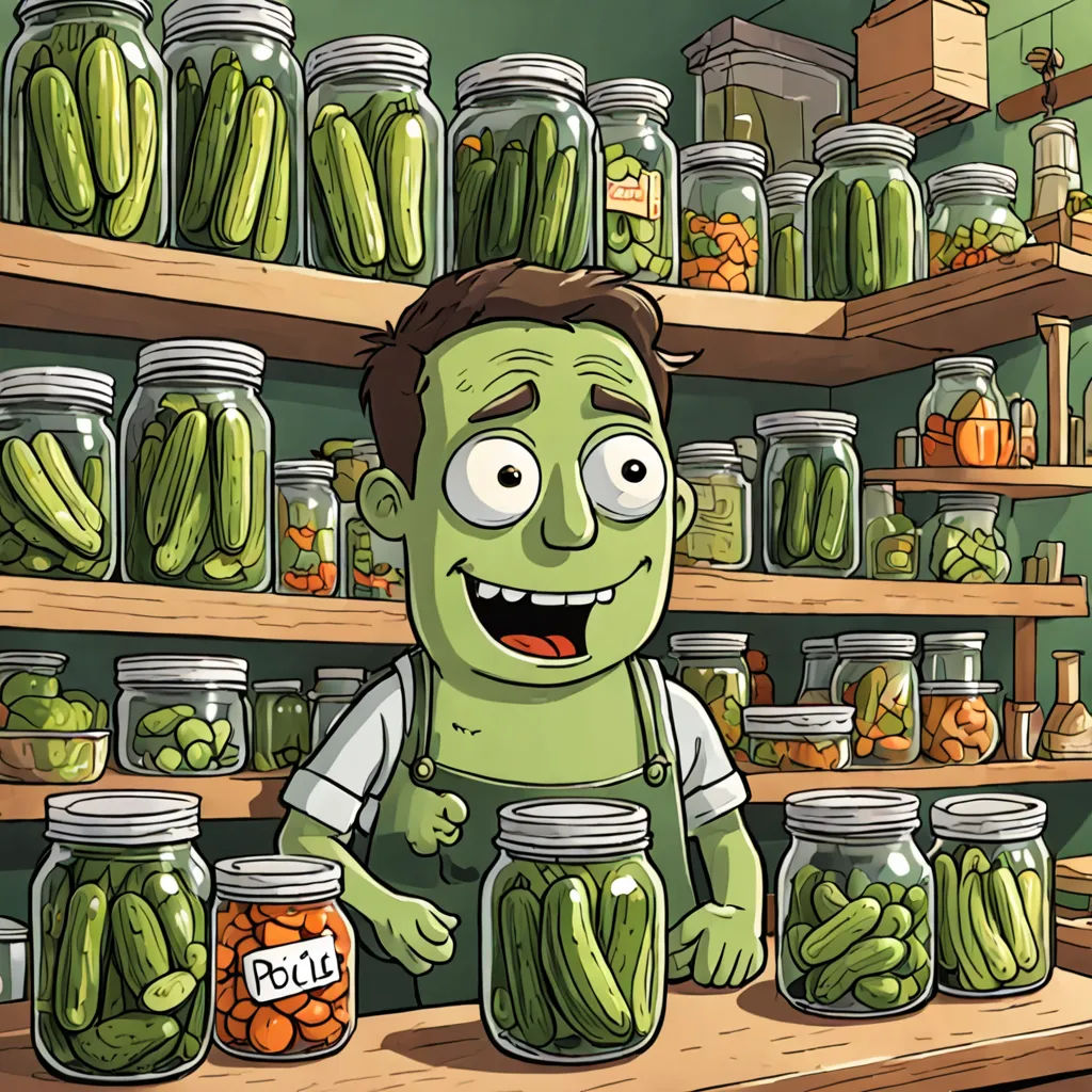 a cartoon character standing in front of jars of pickles and carrots in a store with shelves full of pickles, sots art, a character portrait, Andries Stock, 2 d game art