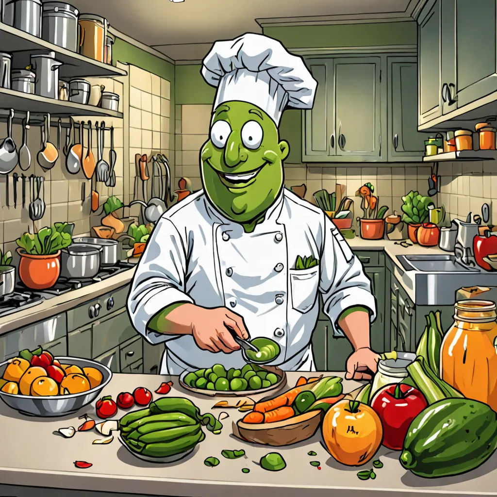 a cartoon of a person in a kitchen preparing food on a counter top with vegetables and fruit on the counter, lyco art, a stock photo, Andries Stock, green