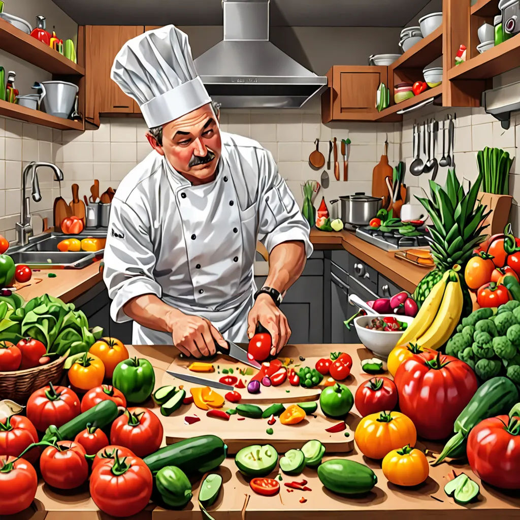 a painting of a chef cutting vegetables on a cutting board in a kitchen with a lot of other vegetables, photorealism, a digital rendering, andrey ryabovichev, highly detailed digital painting