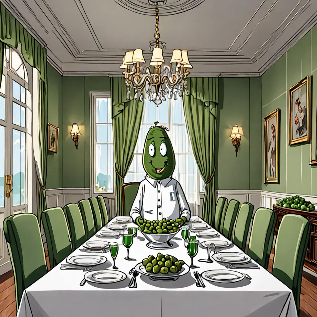 a cartoon of a person sitting at a table with a plate of food in front of them and a chandelier above it, fantastic realism, a character portrait, Didier Mouron, official art