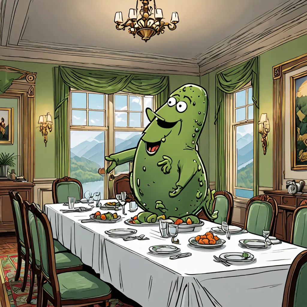 a cartoon of a green monster standing at a table with plates of food on it and a chandelier, private press, a storybook illustration, Brenda Chamberlain, promotional image