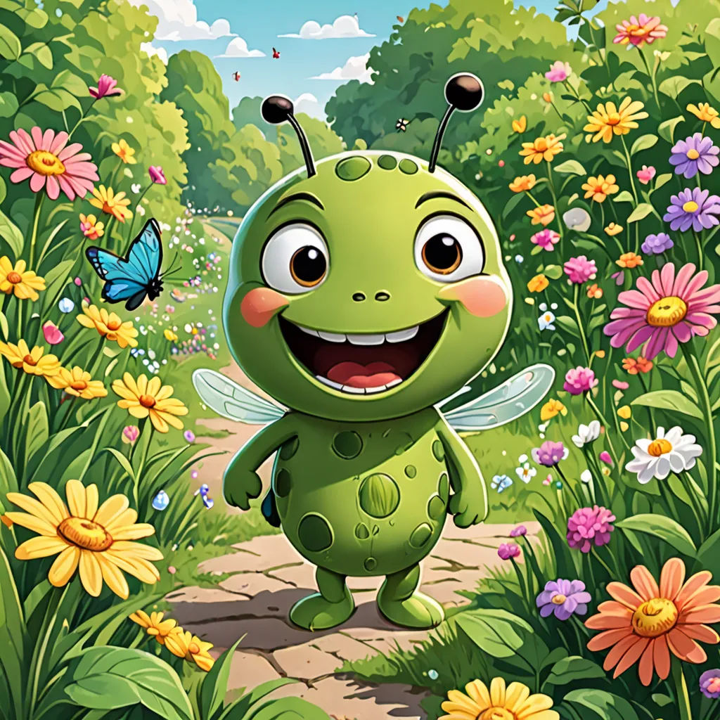 a green bug with a smile standing in a field of flowers and daisies with a butterfly flying above, lyco art, a character portrait, andrey ryabovichev, cheerful
