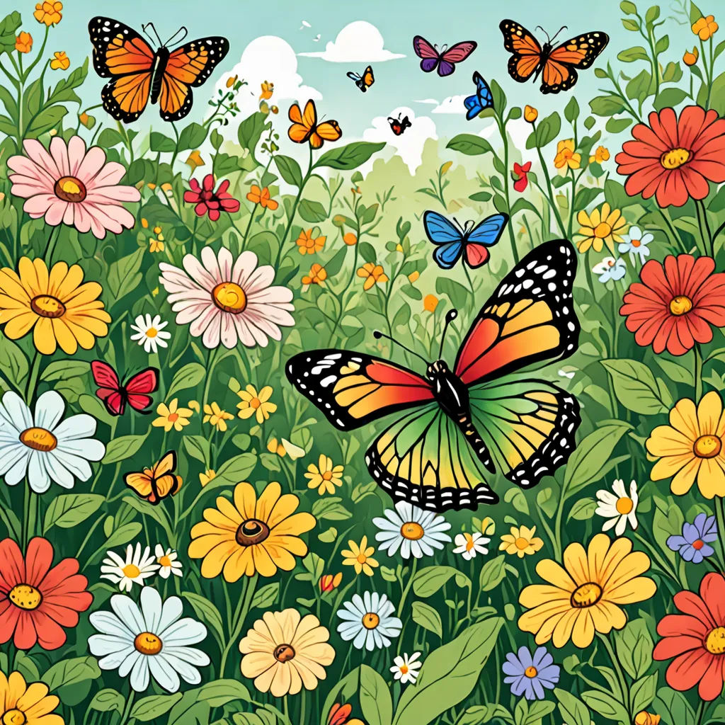 a painting of a butterfly in a field of flowers with butterflies flying overhead in the sky above it is a field of flowers and daisies, folk art, a storybook illustration, Annabel Kidston, detailed illustration