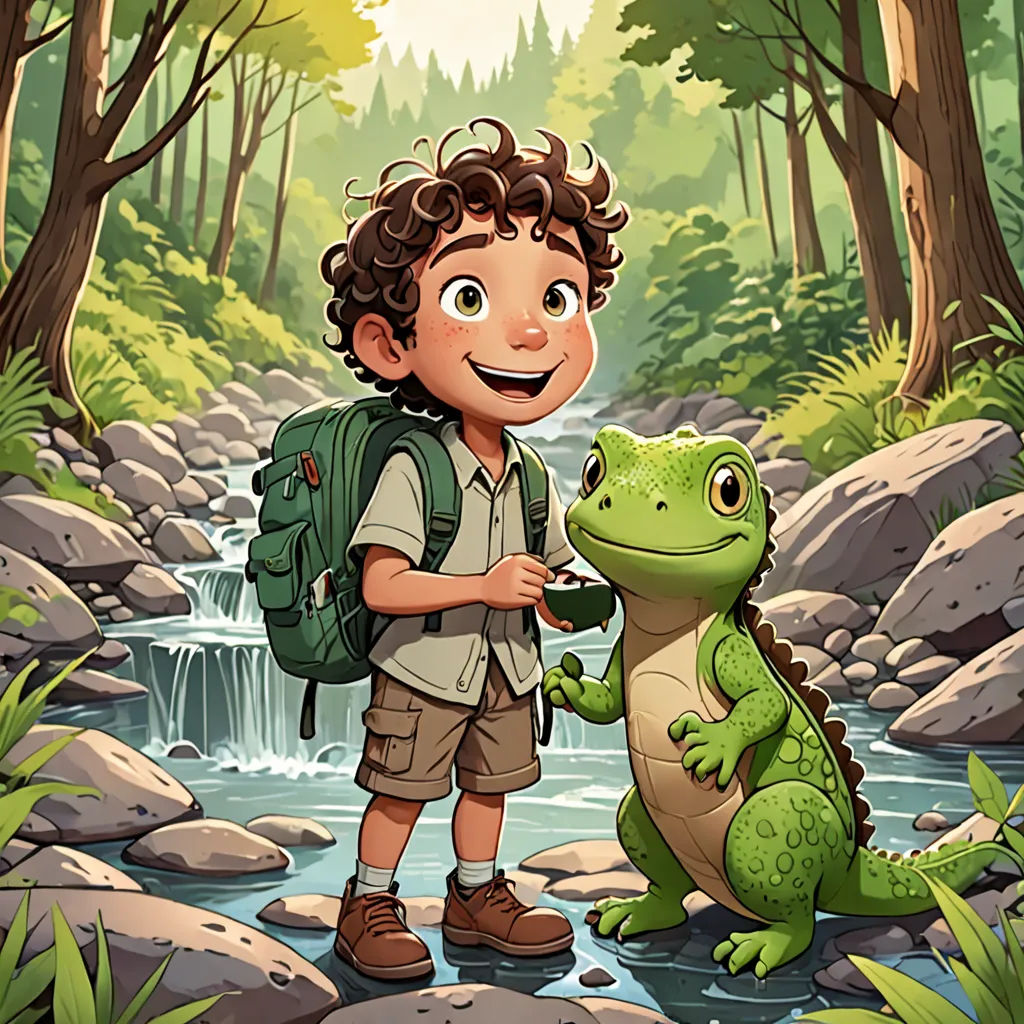 a boy with a backpack and a green frog in a forest with rocks and trees, and a stream, lyco art, a storybook illustration, Diego Gisbert Llorens, storybook illustration