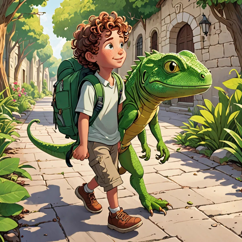 a boy with a backpack is carrying a large lizard on his back in a park setting with a stone walkway, fantasy art, a storybook illustration, Aaron Jasinski, storybook illustration