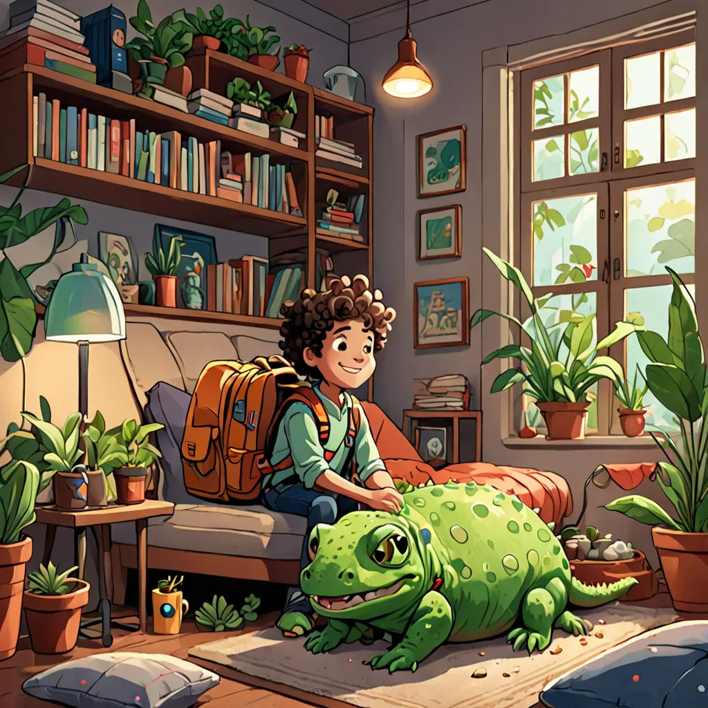 a boy sitting on a couch next to a green frog in a living room with a bookcase and a window, environmental art, a storybook illustration, Diego Gisbert Llorens, storybook illustration