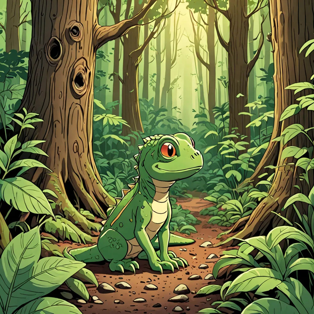 a green lizard sitting in the middle of a forest with a bright light coming through the trees behind it, fantasy art, a storybook illustration, Dan Mumford, rossdraws global illumination