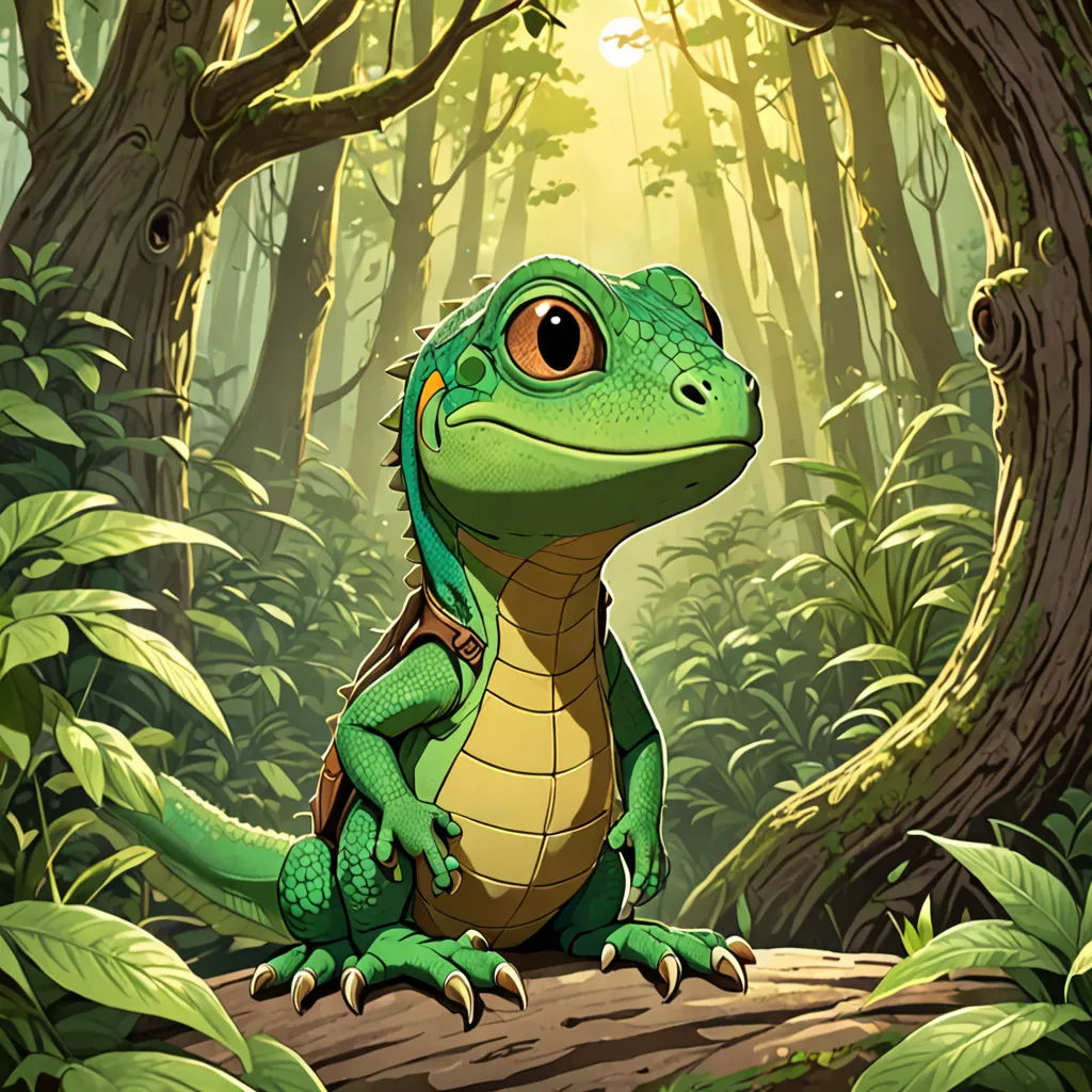 a green lizard sitting on a log in a forest with a sunbeam in the background and a tree trunk, sots art, a character portrait, Chris LaBrooy, magic the gathering artwork
