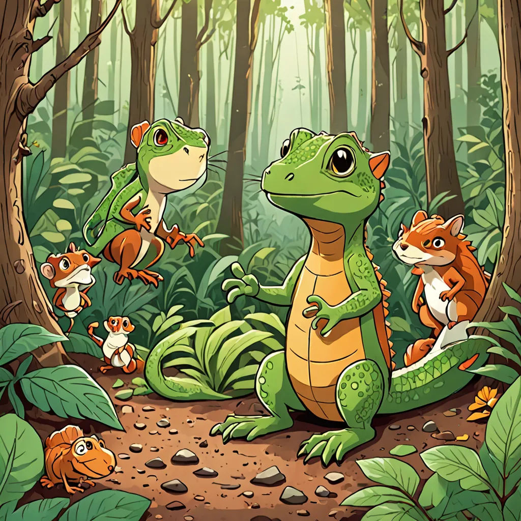 a group of animals that are in the woods together in the day time, with leaves and rocks on the ground, lyco art, a storybook illustration, Chris LaBrooy, storybook illustration
