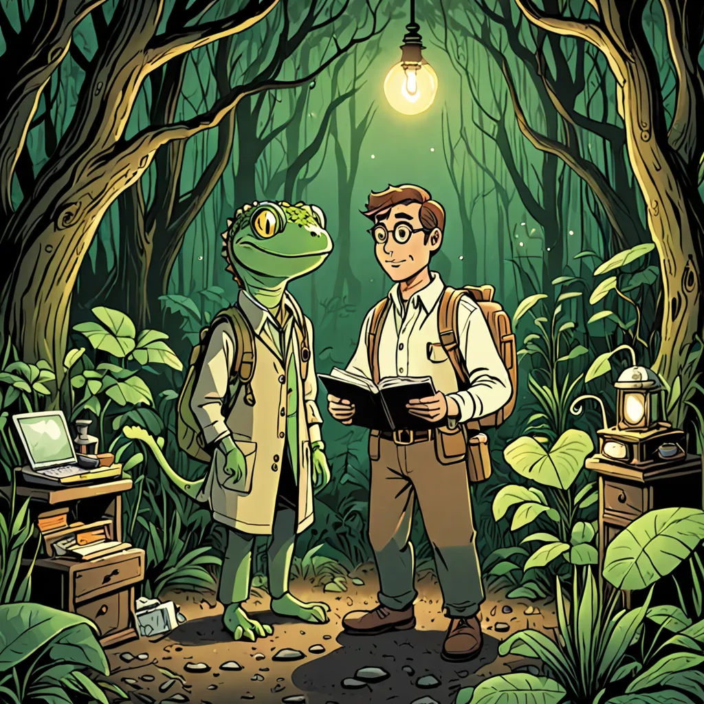 a man standing next to a frog in a forest under a light bulb with a book in his hand, serial art, a storybook illustration, Asaf Hanuka, rossdraws global illumination
