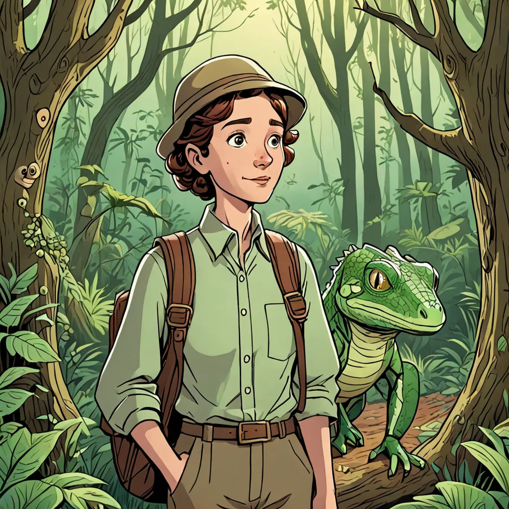 a man in a hat and a backpack standing in front of a green frog in a forest with trees, process art, a character portrait, Claire Falkenstein, comic cover art