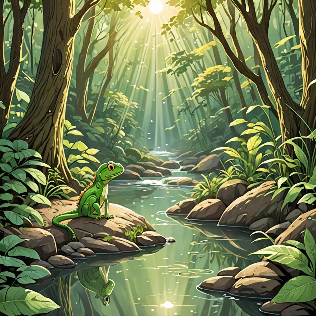 a frog sitting on a rock in a forest with a stream running through it and a sunbeam in the background, fantasy art, a storybook illustration, Chris LaBrooy, rossdraws global illumination