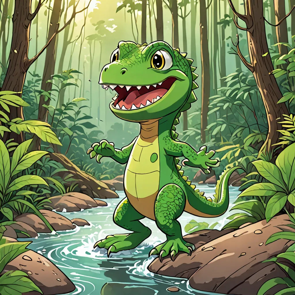 a cartoon green lizard standing on a rock in a forest with a stream running through it's center, lyco art, a storybook illustration, Adam Rex, storybook illustration