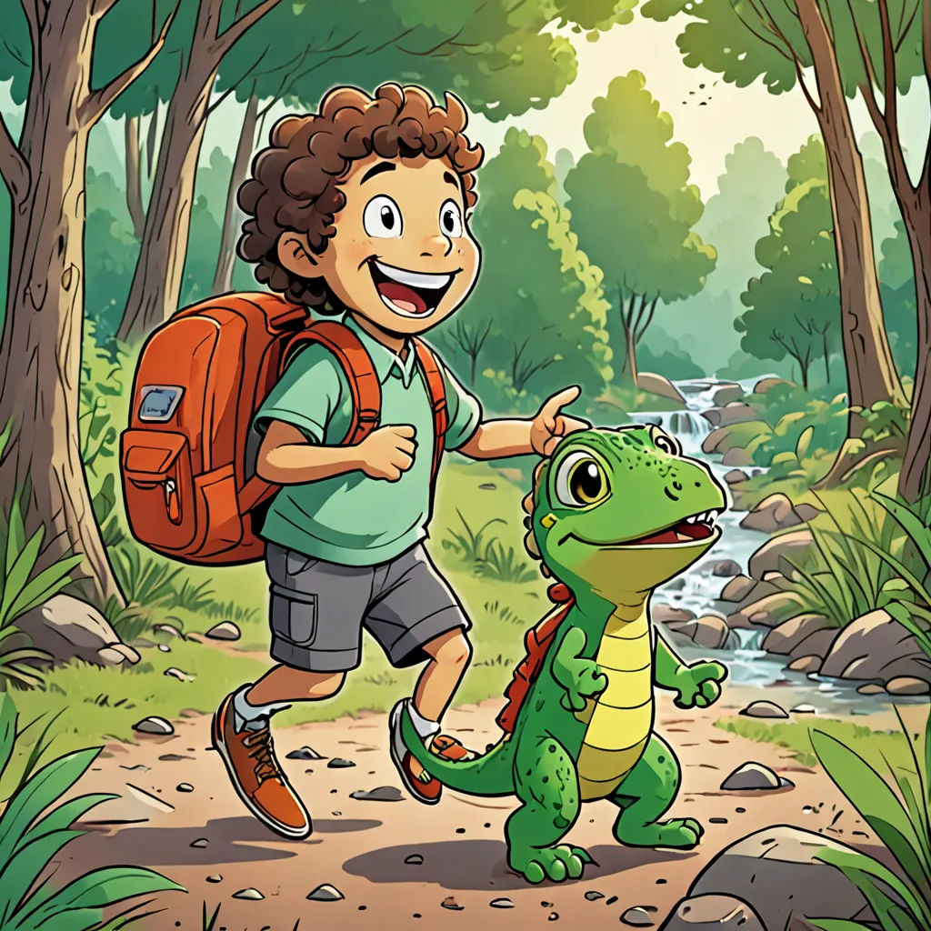 a boy with a backpack is walking with a small alligator in the woods near a stream and a forest, lyco art, a storybook illustration, Diego Gisbert Llorens, storybook illustration