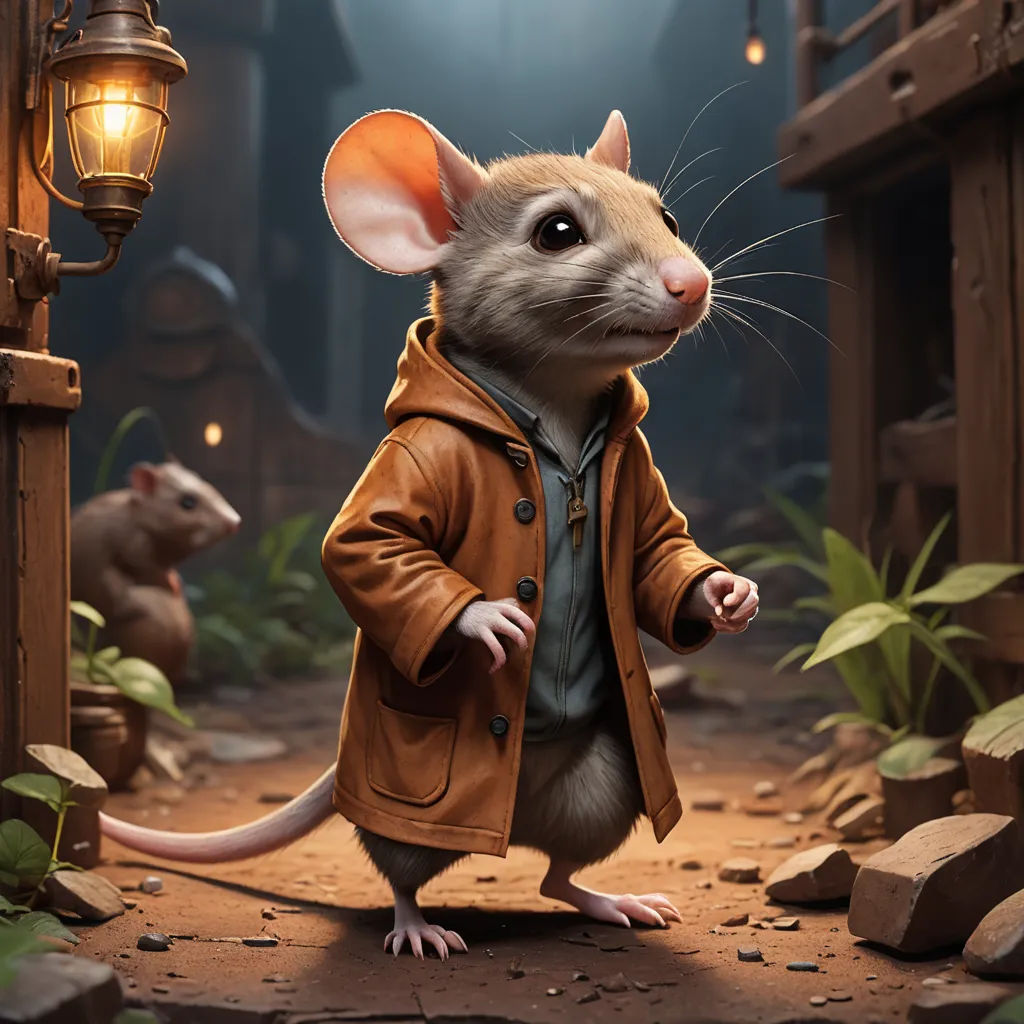 a mouse in a brown jacket standing in a doorway with a light on it's head and a lantern in the background, sots art, a character portrait, Chris LaBrooy, character art
