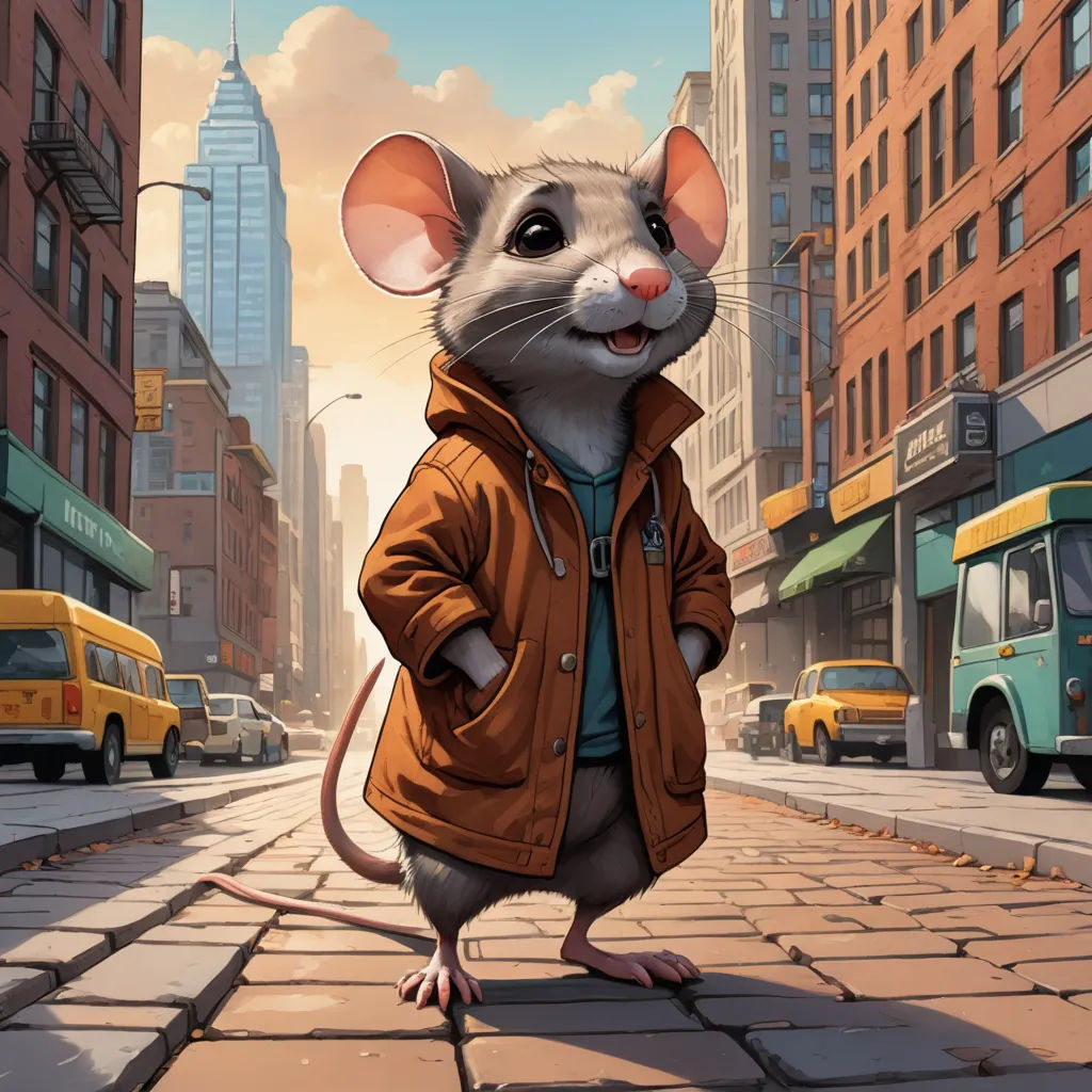 a cartoon mouse standing on a brick road in a city with tall buildings and a bus in the background, altermodern, a character portrait, Art Spiegelman, kinkade