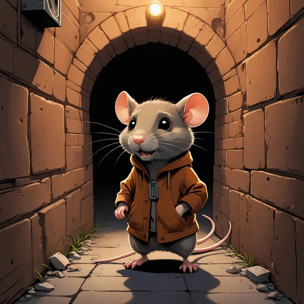 a rat in a jacket standing in a tunnel with a light on it's head and a brick wall, sots art, a storybook illustration, Art Spiegelman, rossdraws global illumination