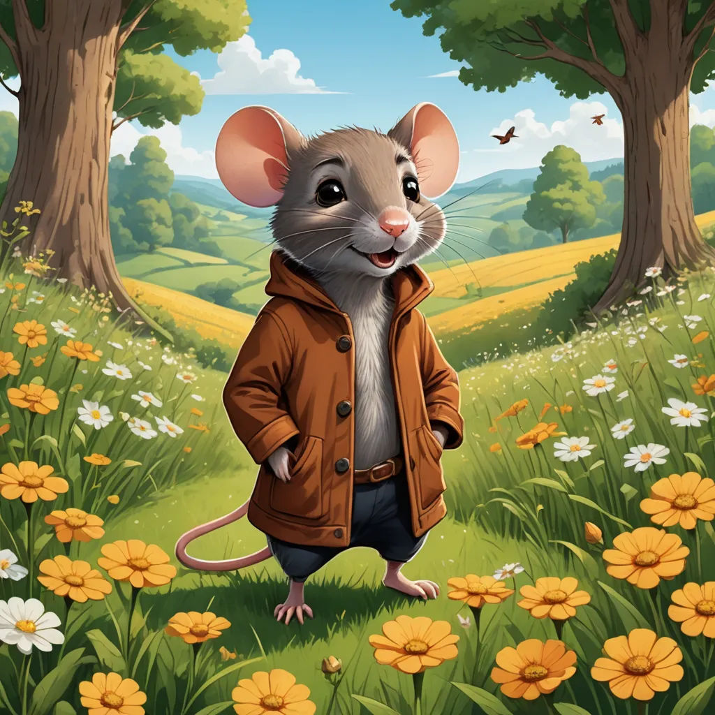 a mouse in a field of flowers with a jacket on and a bird flying above it, in the background is a field with yellow flowers and a tree, furry art, a character portrait, Chris LaBrooy, official art