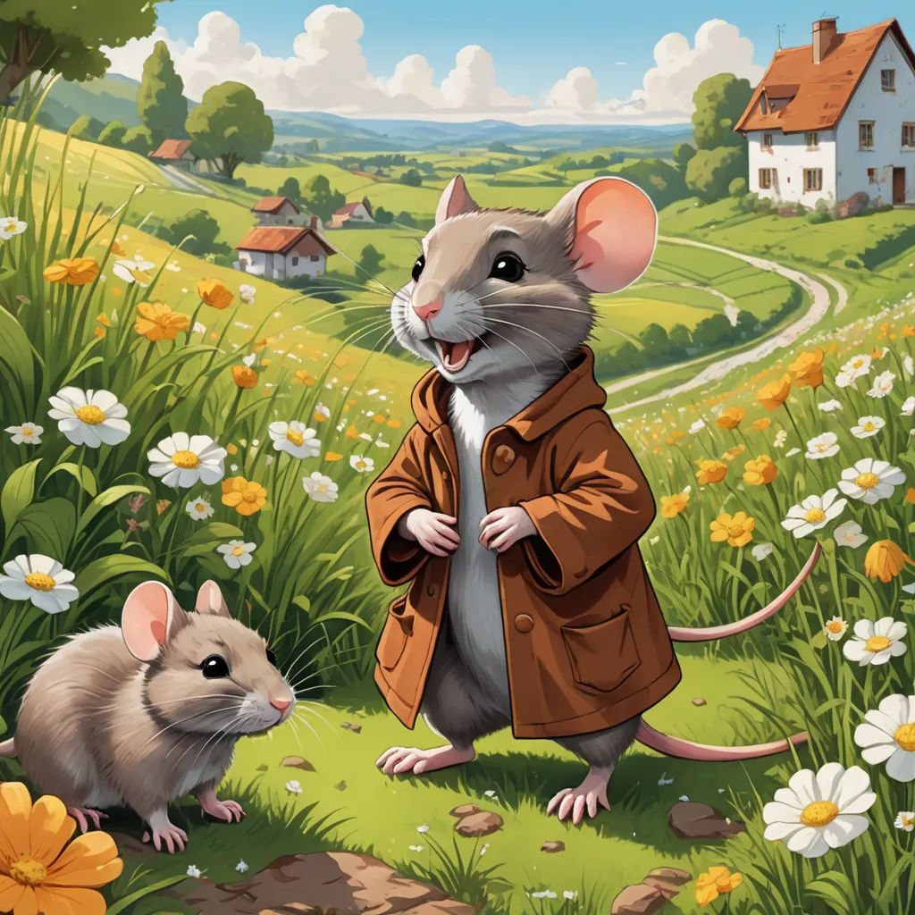 a mouse and a rat in a field of flowers and grass with a house in the background and a path leading to a house, furry art, a storybook illustration, Chris LaBrooy, official art