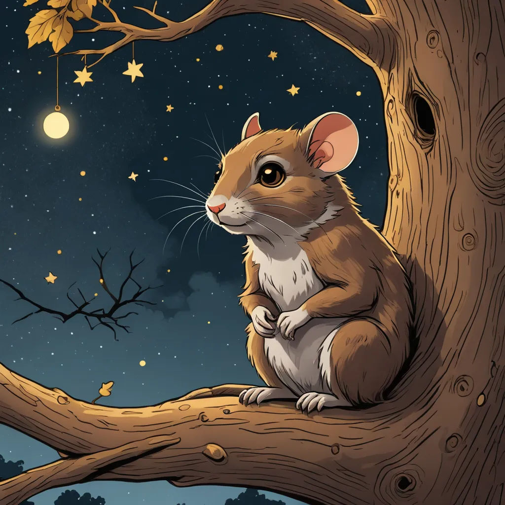 a mouse sitting on a tree branch at night with stars in the sky above it and a full moon in the background, space art, a storybook illustration, Art Spiegelman, storybook illustration