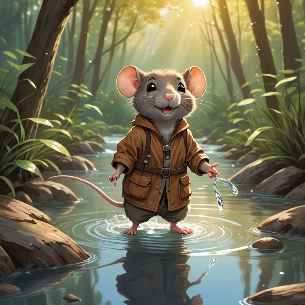 a mouse in a brown jacket standing in a stream of water with a fish in it's mouth, fantasy art, a storybook illustration, Chris LaBrooy, magic the gathering artwork