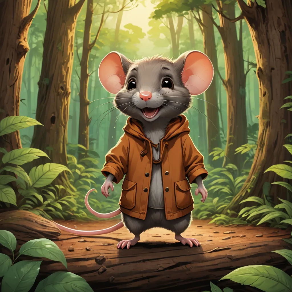 a mouse in a brown jacket standing on a log in a forest with trees and leaves on the ground, sots art, a character portrait, Chris LaBrooy, official art