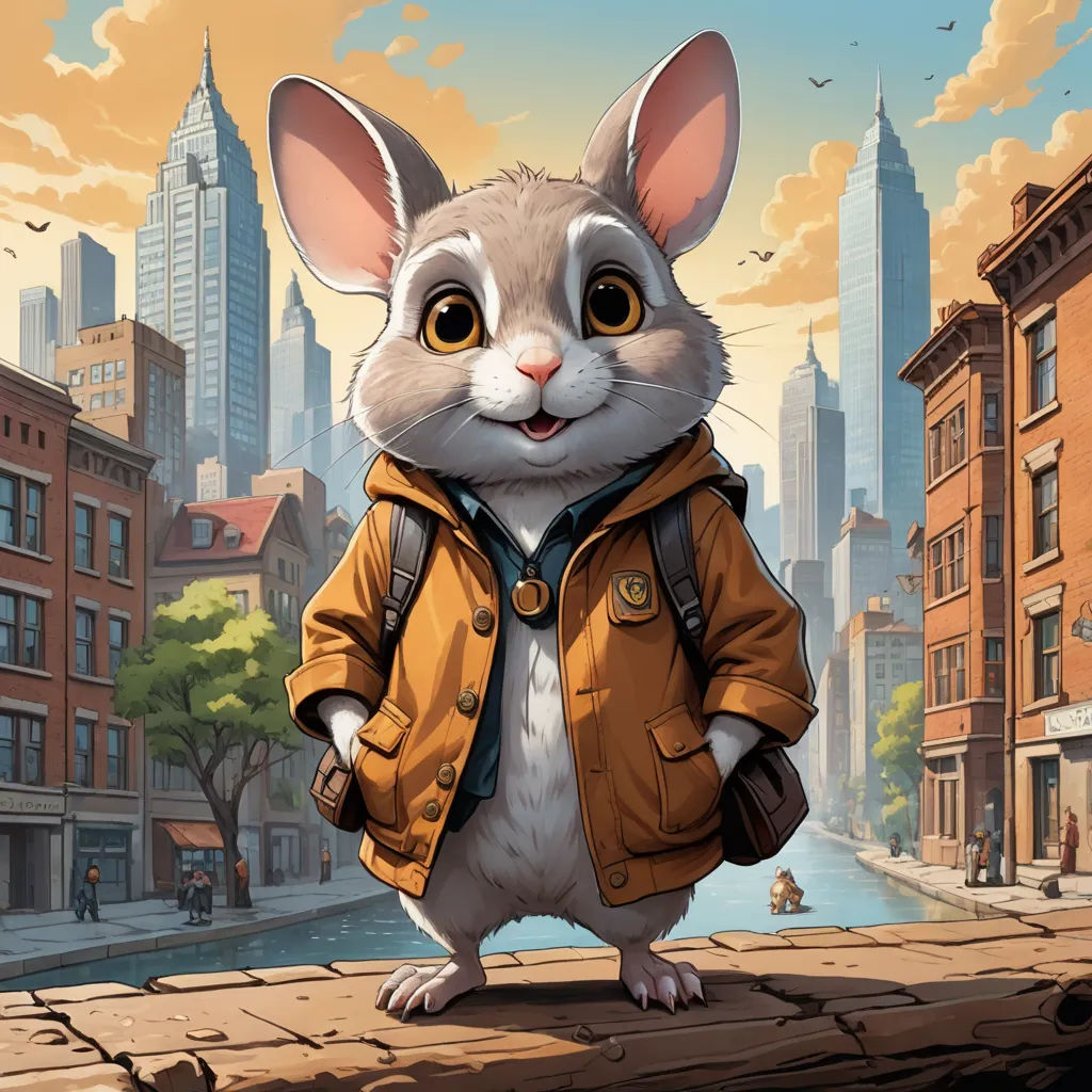 a cartoon character is standing on a ledge in a city with a cityscape in the background and a mouse in a jacket, furry art, a character portrait, Chris LaBrooy, official art