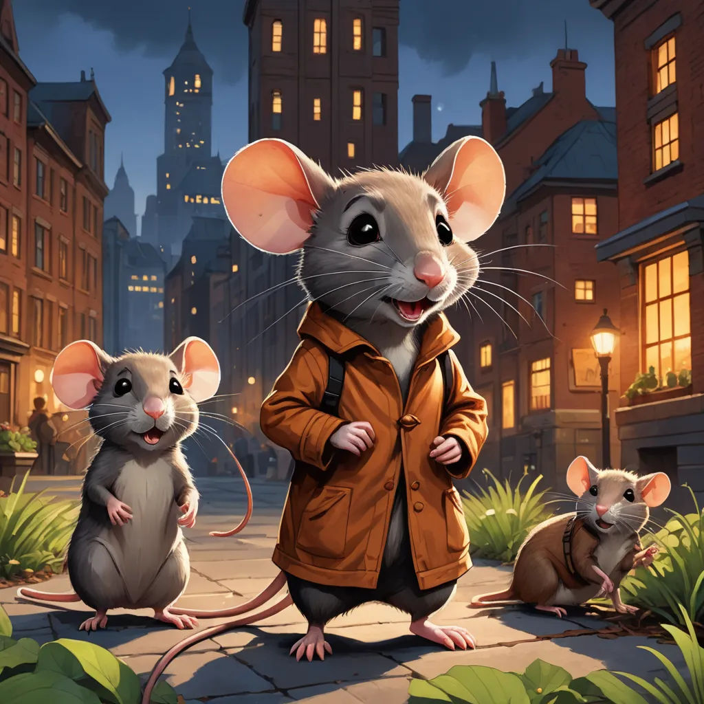 a mouse and two mice are standing in the street at night, with a city in the background, and a person in a brown jacket, sots art, a storybook illustration, Art Spiegelman, kinkade