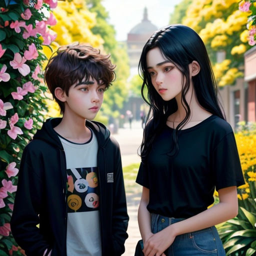 a couple of people standing next to each other near flowers and trees in the background of a building with a clock tower