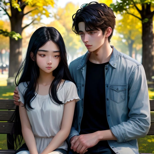 a man and a woman sitting on a bench in a park together, looking at each other with a serious look on their faces