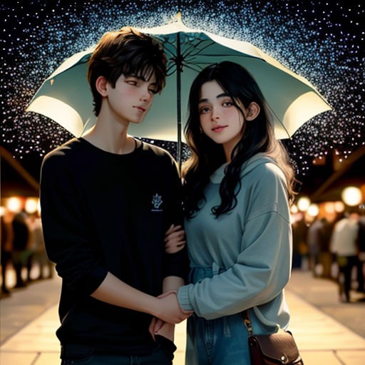 a couple standing under an umbrella in the rain at night time, with people walking around the area in the background