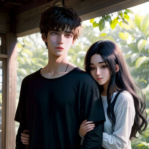 a young man and woman standing next to each other in front of a tree and a building with a wooden roof