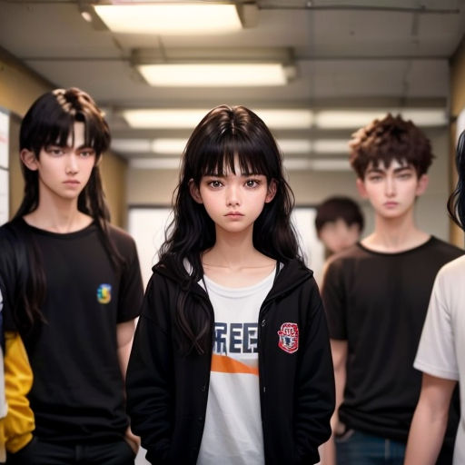 a group of young people standing next to each other in a hallway with a wall behind them and a man standing in the middle