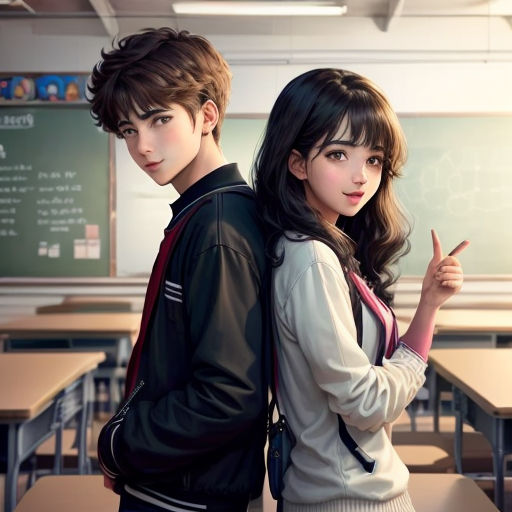 a couple of people standing in front of a classroom desks with a chalkboard in the background and a chalkboard with writing on it