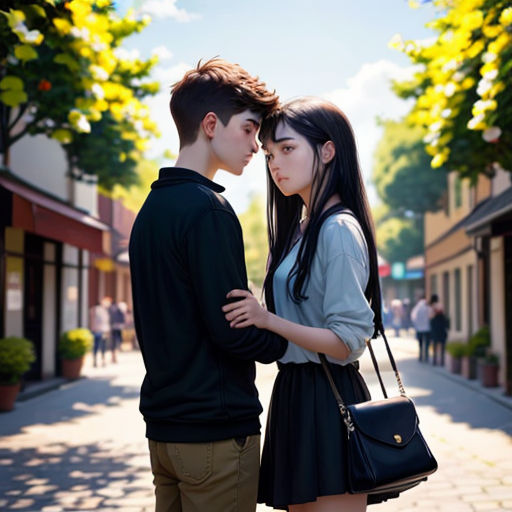 a young man and woman standing next to each other on a street corner with trees in the background and a woman holding a purse
