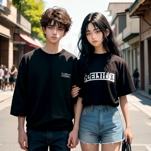 a couple of people standing next to each other on a street with buildings in the background and people walking on the sidewalk