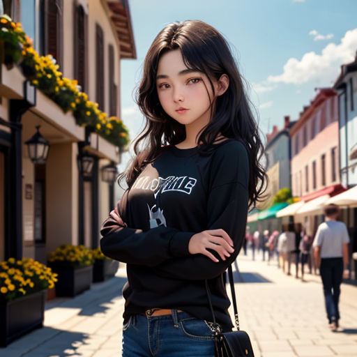 a woman standing on a street with her arms crossed and her arms crossed, looking at the camera, with a city street in the background