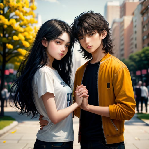 a couple of people standing next to each other on a sidewalk in front of a building with yellow flowers