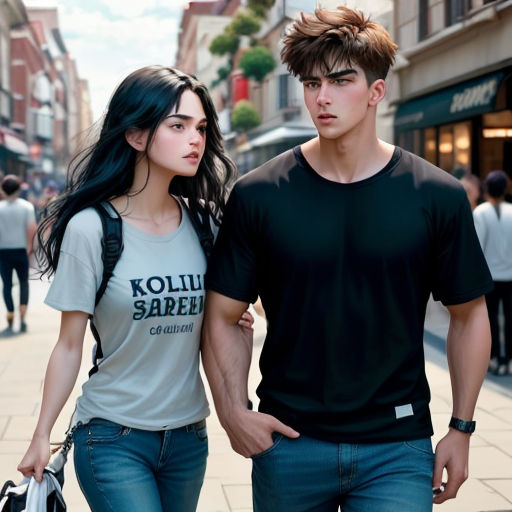 a man and a woman walking down a street together holding hands and looking at each other's eyes