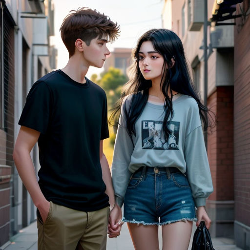 a young man and woman walking down a street holding hands and looking at each other's eyes,