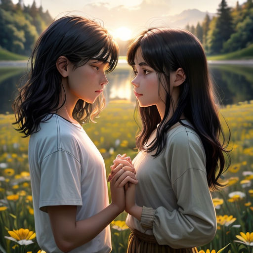 two young women standing in a field of flowers with the sun shining behind them and the water behind them