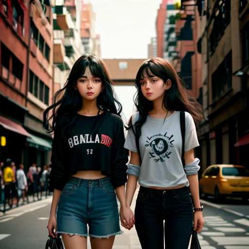two girls walking down a street holding hands and looking at the camera with a city background behind them and a yellow taxi cab